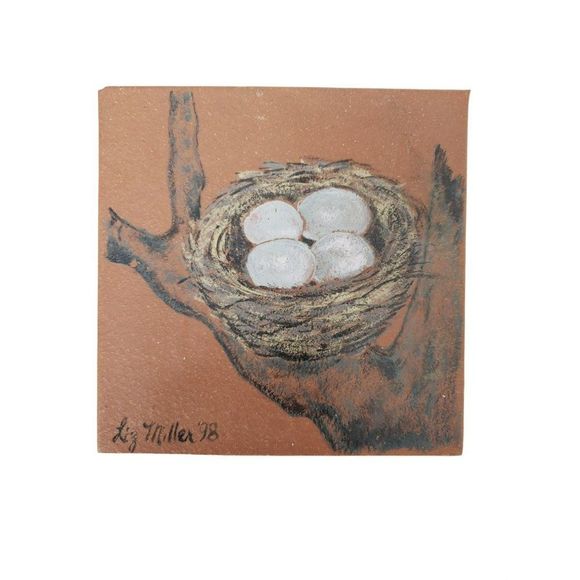 Rustic Terracotta Bird Nest Blue Eggs Liz Miller '98‎ Hand Drawn Colored Tile - Picture 1 of 8